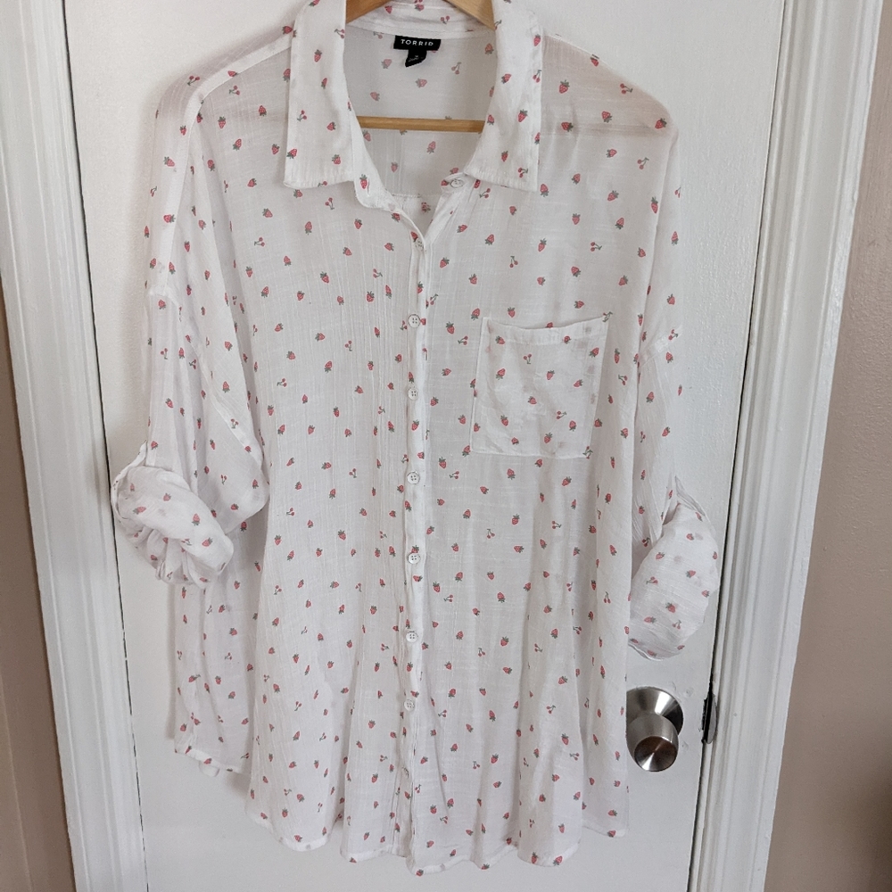 Torrid berry print sheer blouse